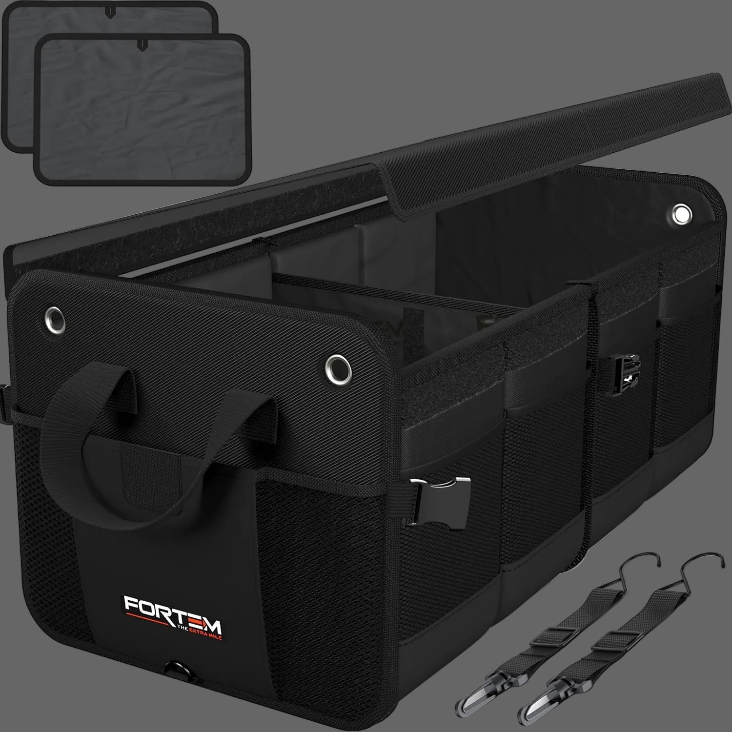 Car Boot Organiser, Car Boot Tidy, Car Boot Storage, Collapsible Multi Compartment Car Organiser, Non Slip Bottom, Adjustable Securing Straps, Foldable Cover (2 Compartments, Black)