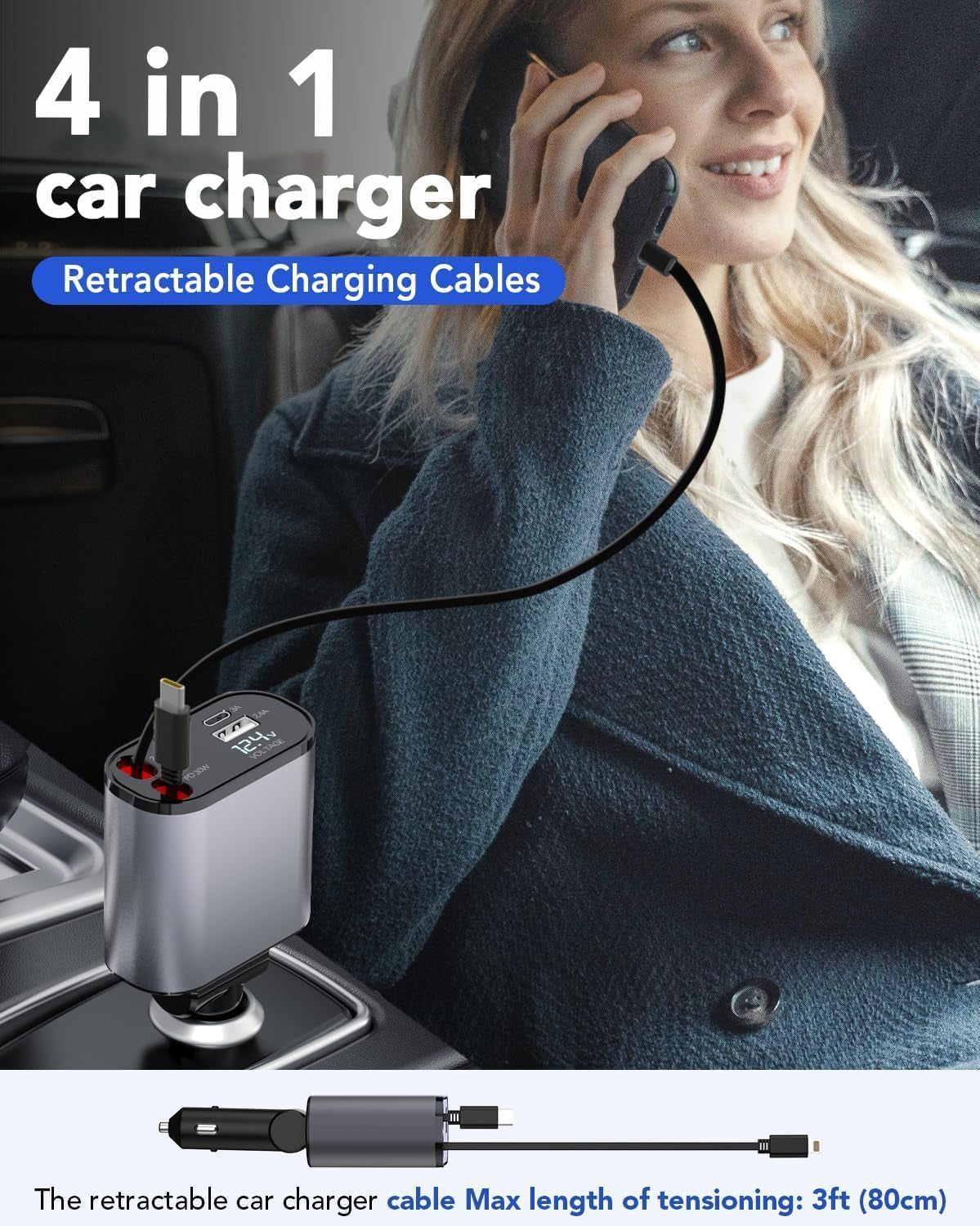 Retractable Car Charger, 4 in 1 Fast Car Phone Charger 120W, Retractable Cables and USB Car Charger,Compatible with Iphone 15/14/13/12/11,Galaxy,Pixel