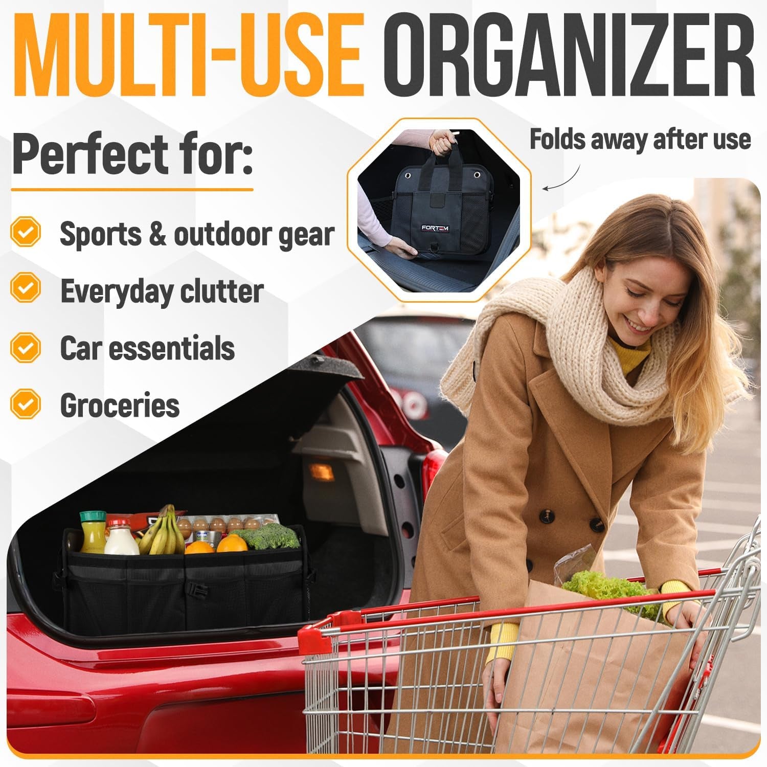 Car Boot Organiser, Car Boot Tidy, Car Boot Storage, Collapsible Multi Compartment Car Organiser, Non Slip Bottom, Adjustable Securing Straps, Foldable Cover (2 Compartments, Black)