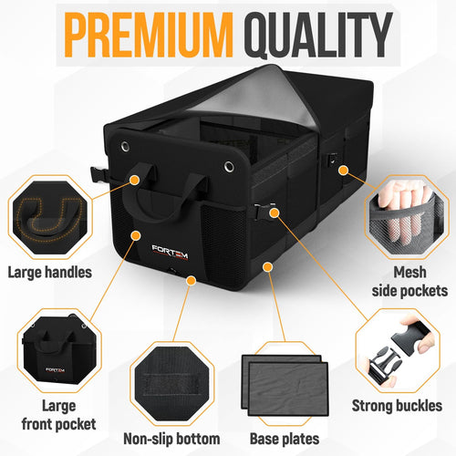 Car Boot Organiser, Car Boot Tidy, Car Boot Storage, Collapsible Multi Compartment Car Organiser, Non Slip Bottom, Adjustable Securing Straps, Foldable Cover (2 Compartments, Black)