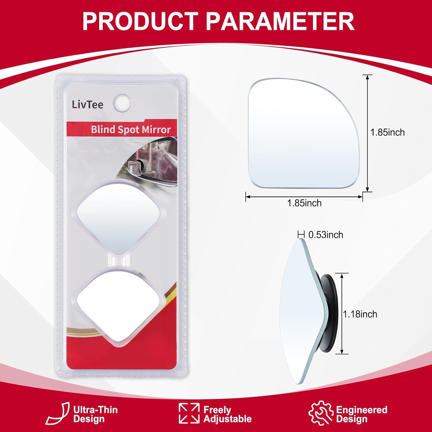 Blind Spot Mirror, Fan HD Glass Frameless Convex Rear View Mirror with Wide Angle Adjustable Stick for Cars SUV and Trucks, Pack of 2